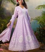 Floral Embroidered Pure Cotton Anarkali Kurta With Trousers & Dupatta