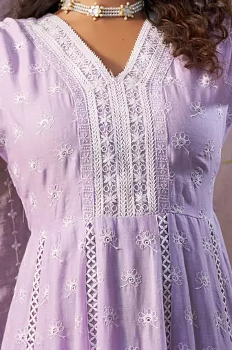 Floral Embroidered Pure Cotton Anarkali Kurta With Trousers & Dupatta