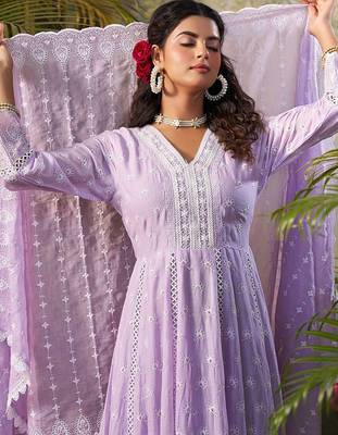 Floral Embroidered Pure Cotton Anarkali Kurta With Trousers & Dupatta 4