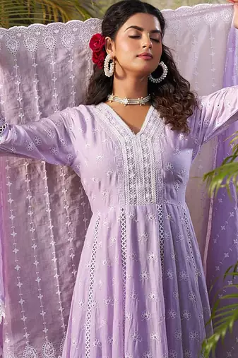 Floral Embroidered Pure Cotton Anarkali Kurta With Trousers & Dupatta