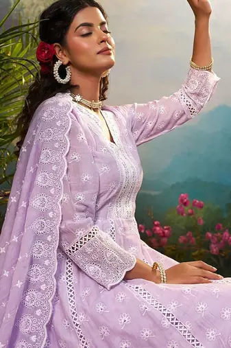 Floral Embroidered Pure Cotton Anarkali Kurta With Trousers & Dupatta