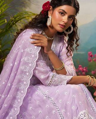 Floral Embroidered Pure Cotton Anarkali Kurta With Trousers & Dupatta 6