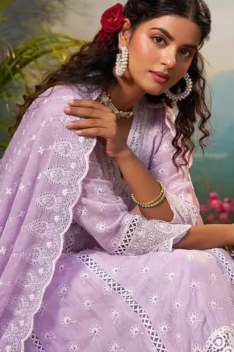 Floral Embroidered Pure Cotton Anarkali Kurta With Trousers & Dupatta