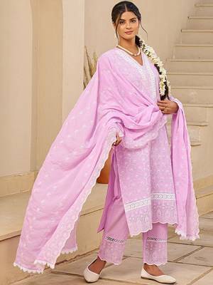 Women Ethnic Motifs Embroidered Regular Chikankari Pure Cotton Kurta with Trousers & With Dupatta 1