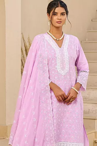 Women Ethnic Motifs Embroidered Regular Chikankari Pure Cotton Kurta with Trousers & With Dupatta