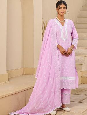 Women Ethnic Motifs Embroidered Regular Chikankari Pure Cotton Kurta with Trousers & With Dupatta 5