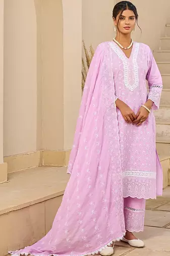 Women Ethnic Motifs Embroidered Regular Chikankari Pure Cotton Kurta with Trousers & With Dupatta