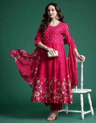 Floral Printed Pure Cotton Kurta with Trousers & Dupatta 1