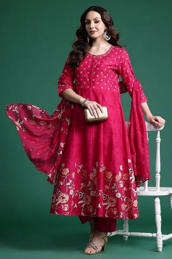 floral printed  cotton kurta with trousers & dupatta