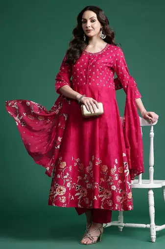 Floral Printed Pure Cotton Kurta with Trousers & Dupatta