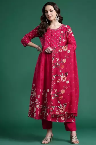 Floral Printed Pure Cotton Kurta with Trousers & Dupatta