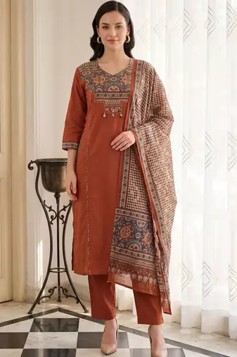Women Ethnic Motifs Yoke Design Regular Thread Work Pure Cotton Kurta with Trousers & With Dupatta
