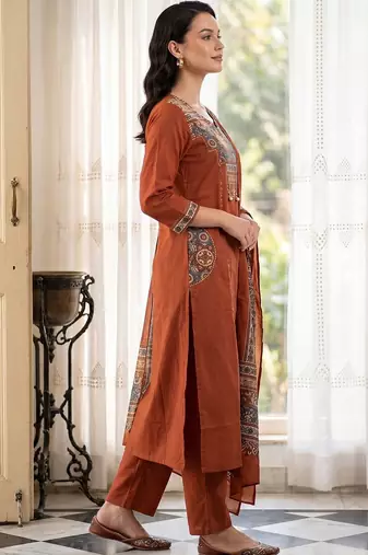 Women Ethnic Motifs Yoke Design Regular Thread Work Pure Cotton Kurta with Trousers & With Dupatta