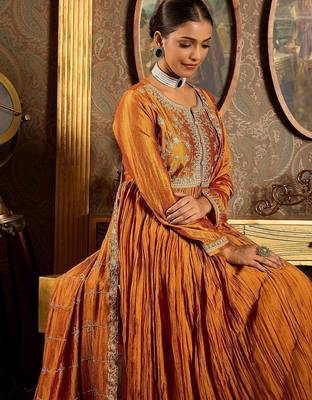 Floral Yoke Design Pleated Thread Work Anarkali Kurta With Trousers & Dupatta 1