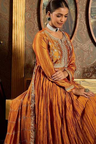 Floral Yoke Design Pleated Thread Work Anarkali Kurta With Trousers & Dupatta