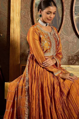 Floral Yoke Design Pleated Thread Work Anarkali Kurta With Trousers & Dupatta
