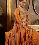 Floral Yoke Design Pleated Thread Work Anarkali Kurta With Trousers & Dupatta