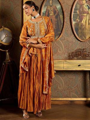Floral Yoke Design Pleated Thread Work Anarkali Kurta With Trousers & Dupatta 2