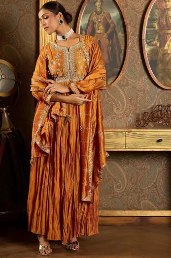 Floral Yoke Design Pleated Thread Work Anarkali Kurta With Trousers & Dupatta