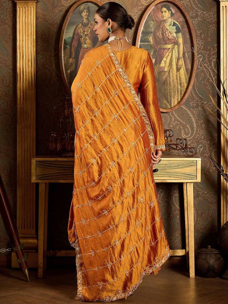 Floral Yoke Design Pleated Thread Work Anarkali Kurta With Trousers & Dupatta