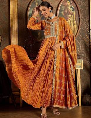 Floral Yoke Design Pleated Thread Work Anarkali Kurta With Trousers & Dupatta 5