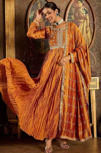 Floral Yoke Design Pleated Thread Work Anarkali Kurta With Trousers & Dupatta