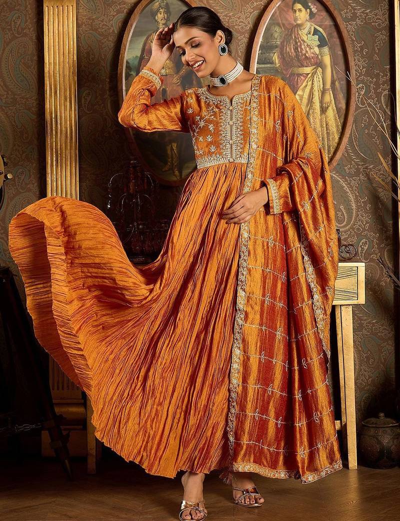 Floral Yoke Design Pleated Thread Work Anarkali Kurta With Trousers & Dupatta