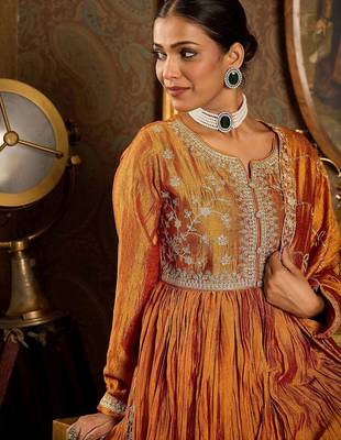 Floral Yoke Design Pleated Thread Work Anarkali Kurta With Trousers & Dupatta 6