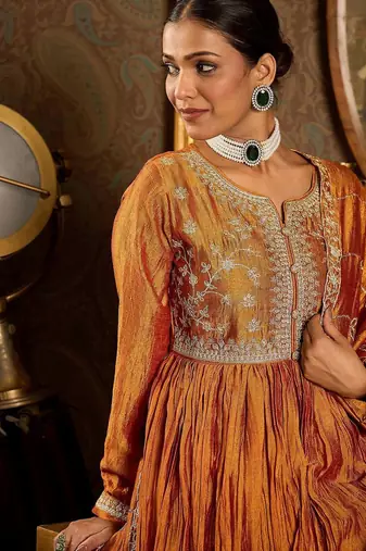 Floral Yoke Design Pleated Thread Work Anarkali Kurta With Trousers & Dupatta