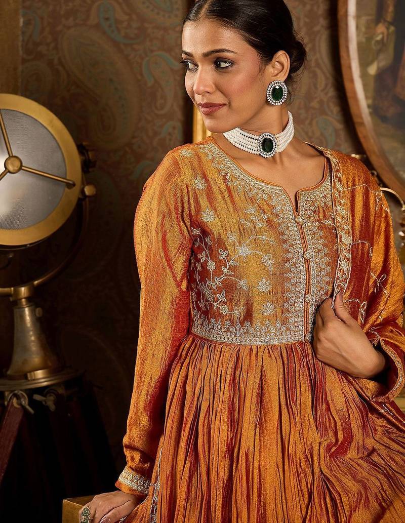 Floral Yoke Design Pleated Thread Work Anarkali Kurta With Trousers & Dupatta