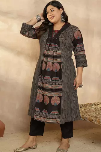 Plus Size Multi Printed A-Line Kurta Trousers Set