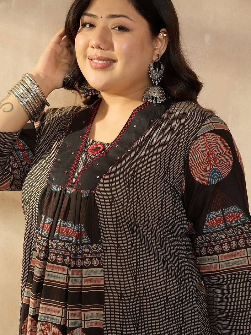 Plus Size Multi Printed A-Line Kurta Trousers Set