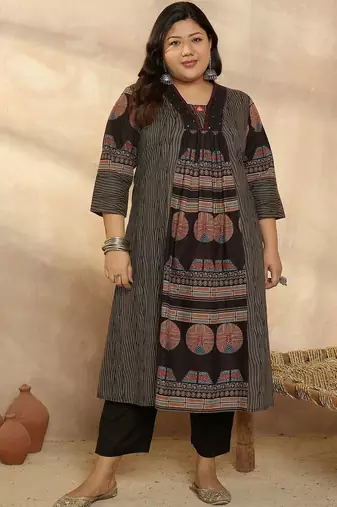 Plus Size Multi Printed A-Line Kurta Trousers Set