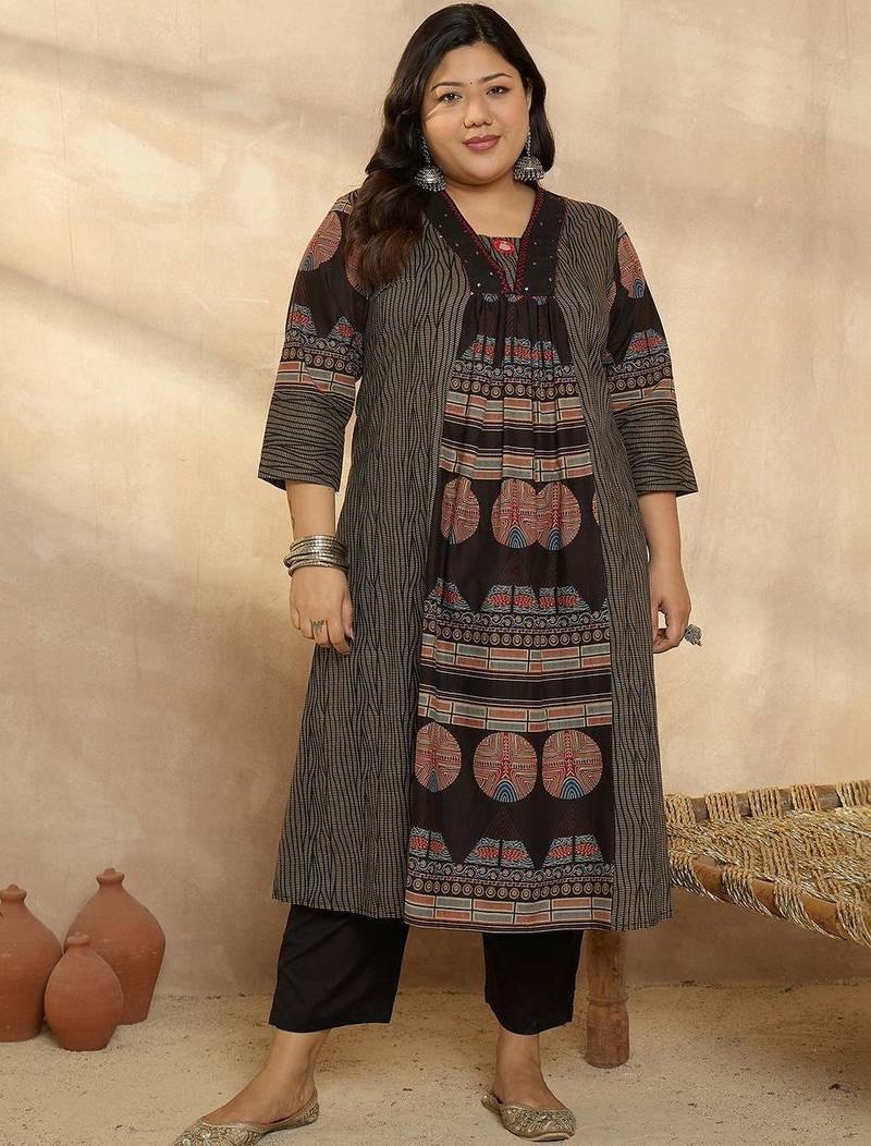 Plus Size Multi Printed A-Line Kurta Trousers Set