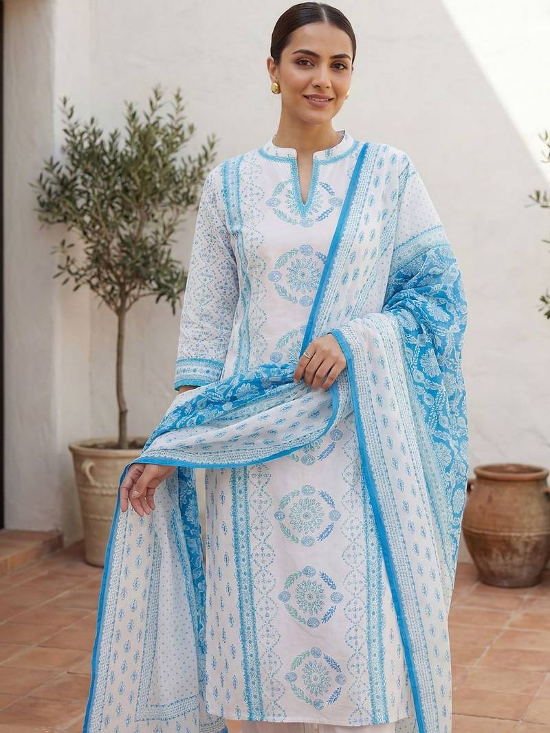 Women Ethnic Motifs Printed Regular Pure Cotton Kurta with Trousers & With Dupatta