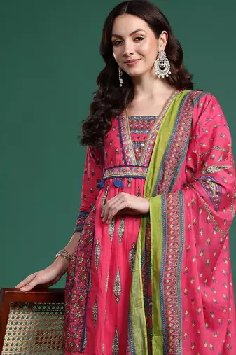 Ethnic Motifs Pure Cotton Kurta with Trousers & Dupatta
