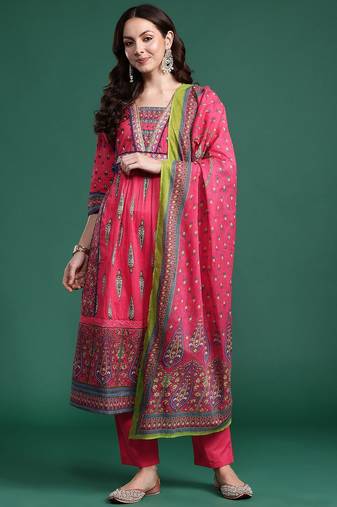ethnic motifs  cotton kurta with trousers & dupatta