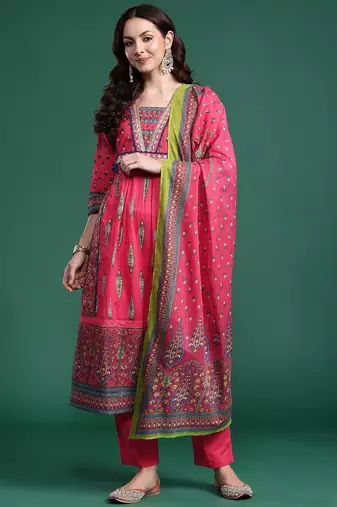 Ethnic Motifs Pure Cotton Kurta with Trousers & Dupatta