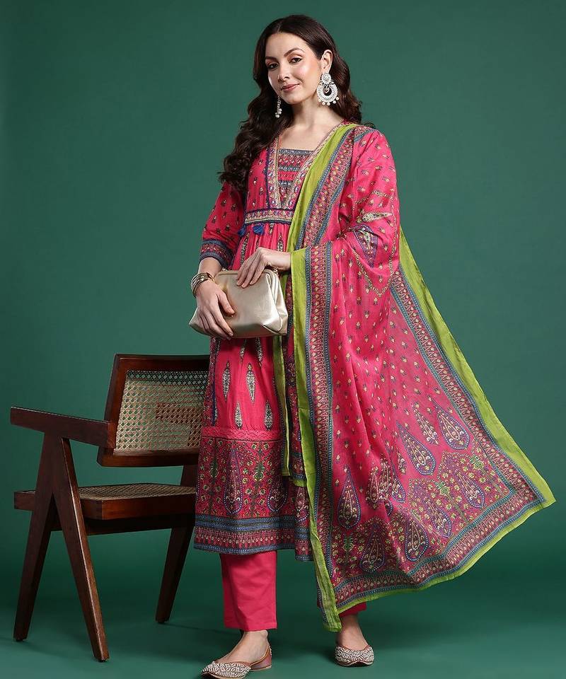 Ethnic Motifs Pure Cotton Kurta with Trousers & Dupatta