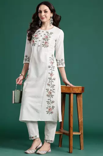 Floral Embroidered Pure Cotton Kurta with Trousers