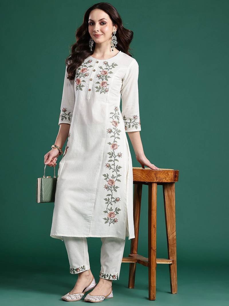 Floral Embroidered Pure Cotton Kurta with Trousers
