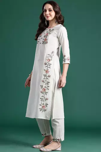 Floral Embroidered Pure Cotton Kurta with Trousers