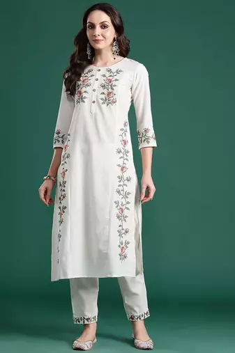 Floral Embroidered Pure Cotton Kurta with Trousers