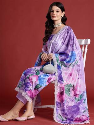 Floral Printed Thread Work Kurta with Trousers & Dupatta 1