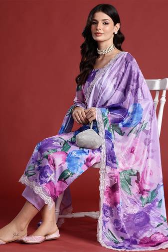 Floral Printed Thread Work Kurta with Trousers & Dupatta