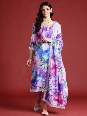 Floral Printed Thread Work Kurta with Trousers & Dupatta 2