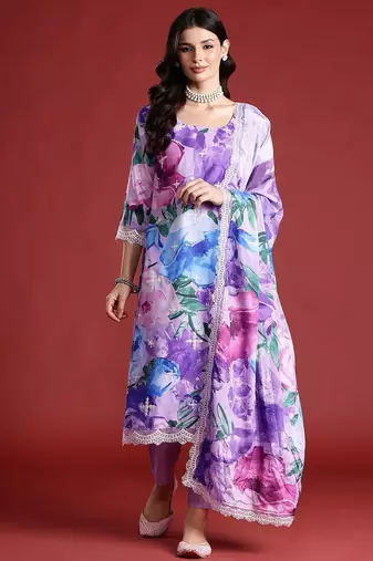 Floral Printed Thread Work Kurta with Trousers & Dupatta