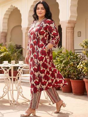 Plus Size Maroon Printed A-Line Kurta Trousers Set 1