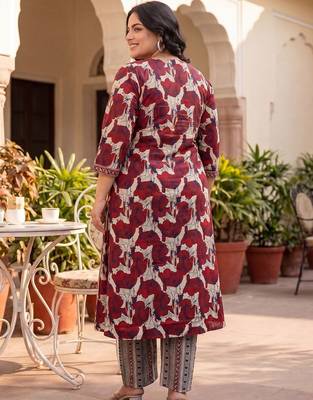 Plus Size Maroon Printed A-Line Kurta Trousers Set 6