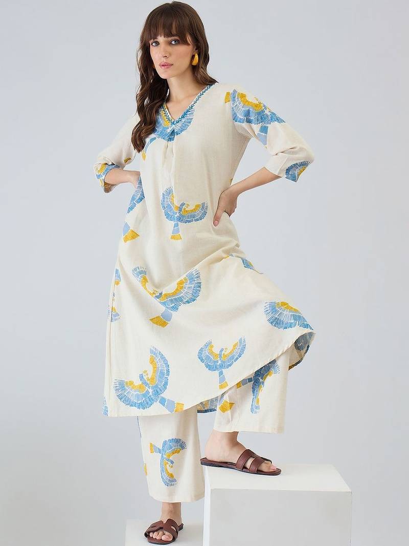 Women Printed Regular Thread Work Pure Cotton Kurta with Trousers